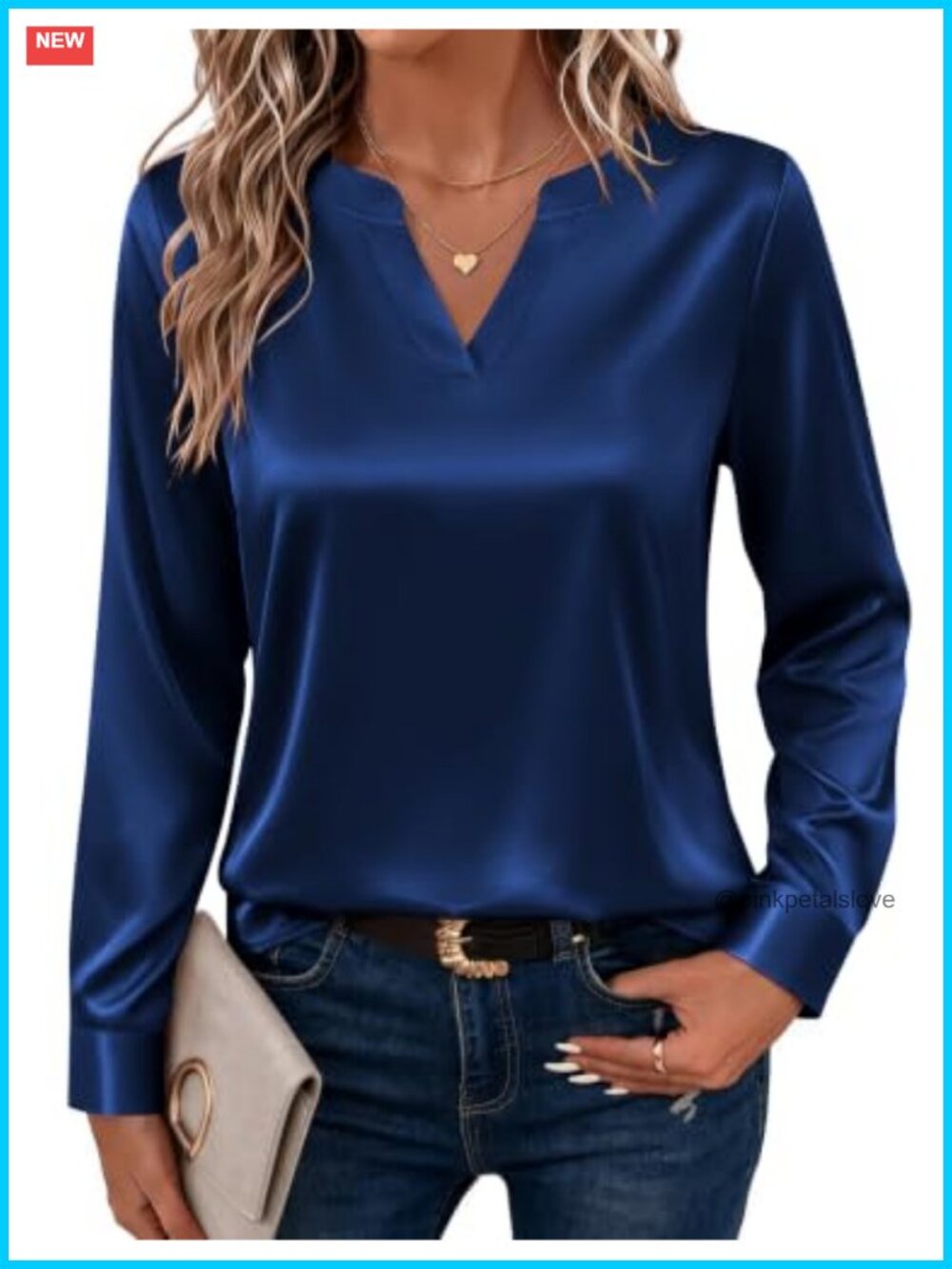 Satin V-Neck Long Sleeve Blouse Button Cuff Office Casual Top